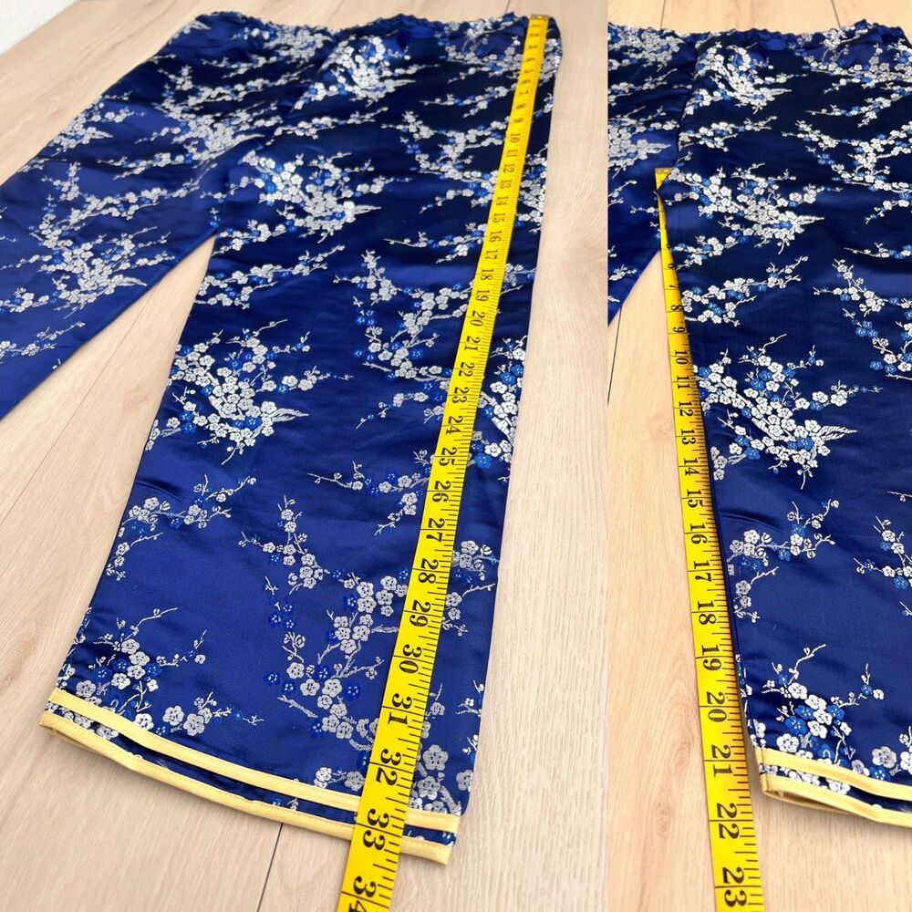 Vintage Chinese Blue Plum Blossom Satin Jacquard Cropped Pajama Pants 34" Waist - Picture 12 of 16
